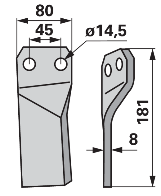 Fräsmesser rechts Maschio 26100417 – Detailansicht Lochabstand 45 mm und Stärke 8 mm