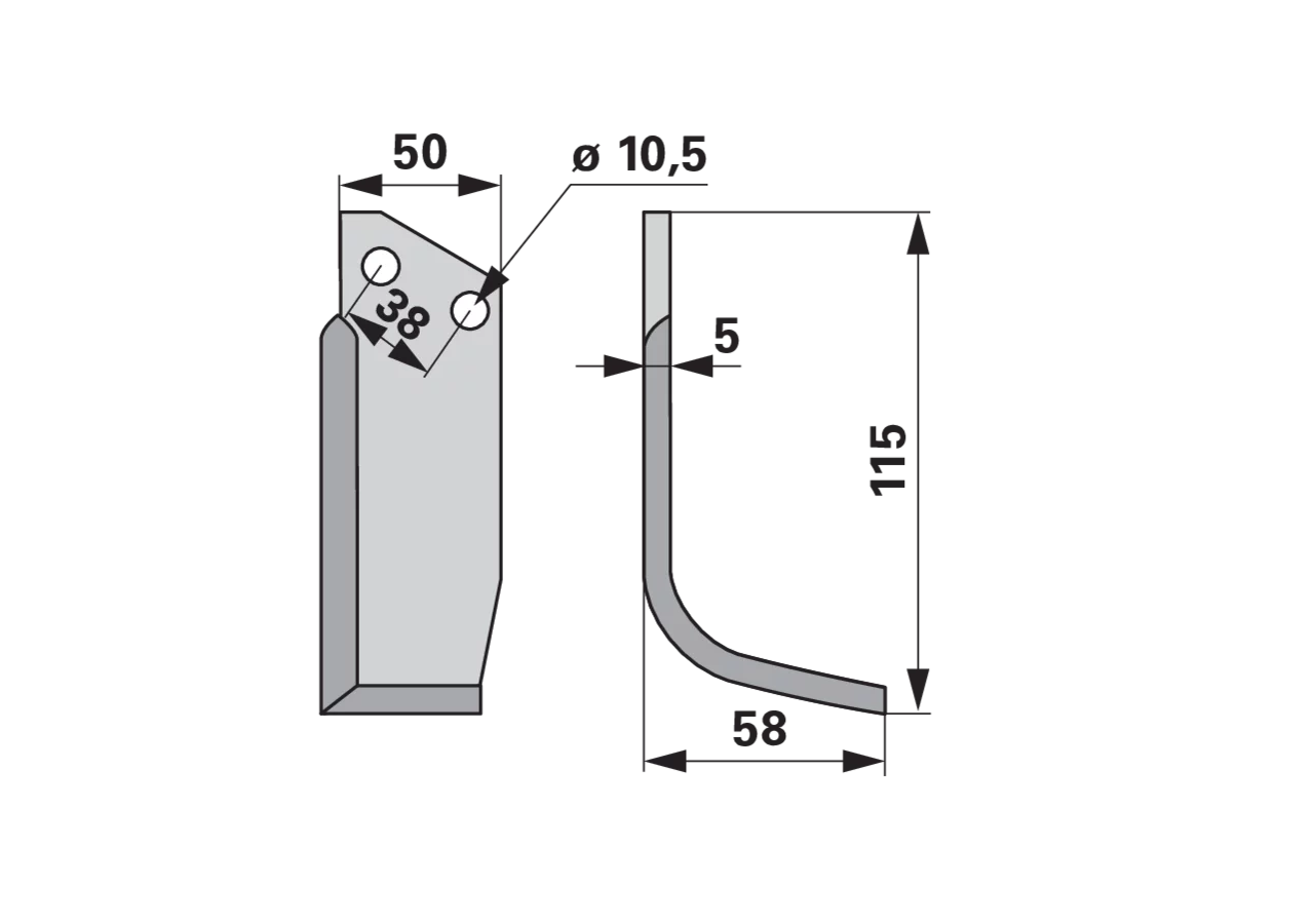Bogenmesser rechts 50x5 L=115 mm Arbeitsbreite 58 mm Lochabstand 38 mm GartenShop24 - Hochwertige Gartengeräte
