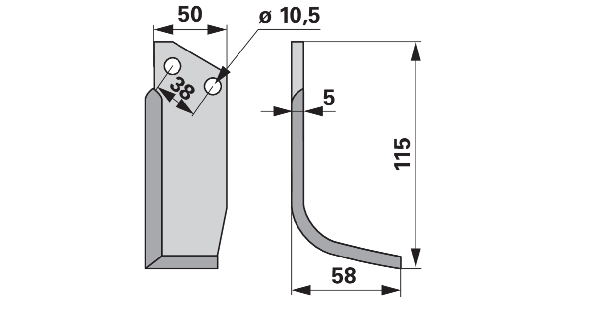Bogenmesser rechts 50x5 L=115 mm Arbeitsbreite 58 mm Lochabstand 38 mm GartenShop24 - Hochwertige Gartengeräte