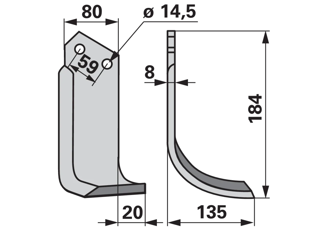 Bogenmesser rechts 80x8 L = 184 Arbeitsbreite = 135 LAB = 59 GartenShop24