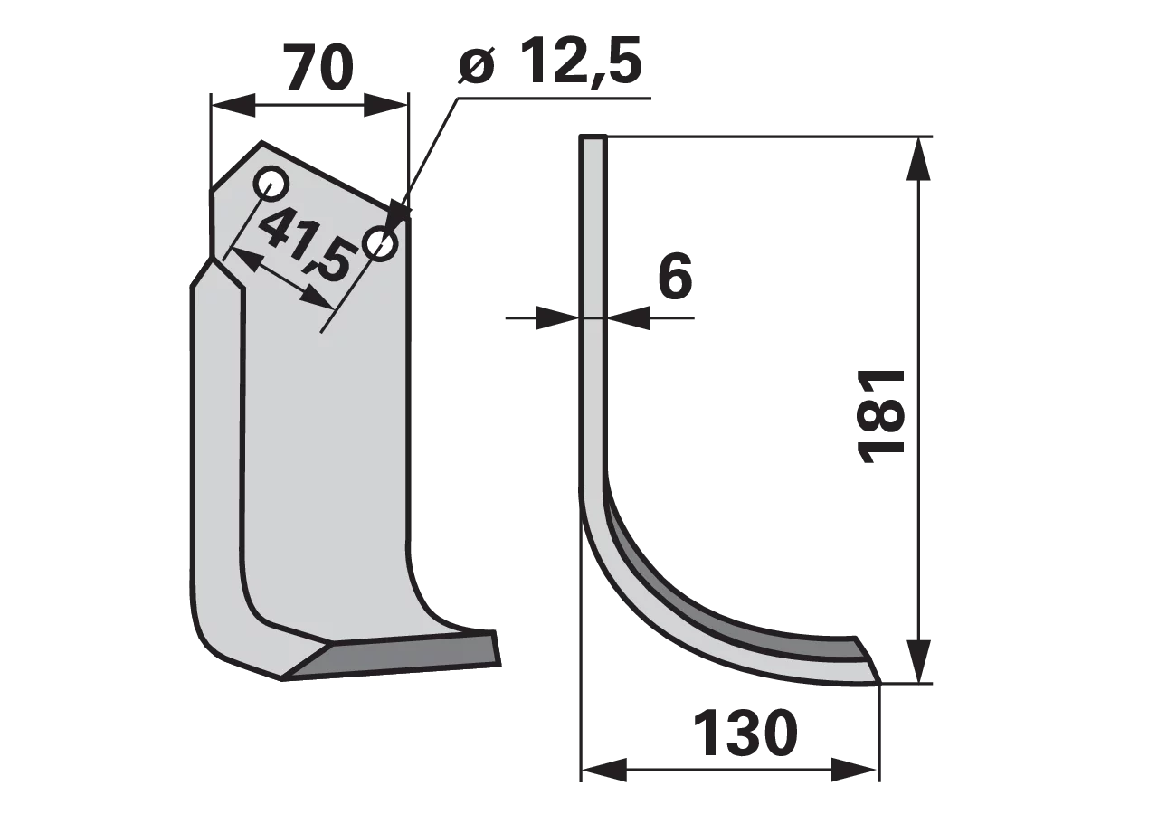Bogenmesser rechts Kuhn K1620010 – Ersatzteil für Bodenfräsen, 130×181 mm