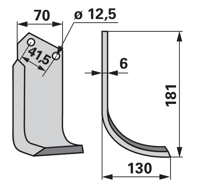 Bogenmesser rechts Kuhn K1620010 – Detailansicht Bohrung, Lochabstand 41,5 mm