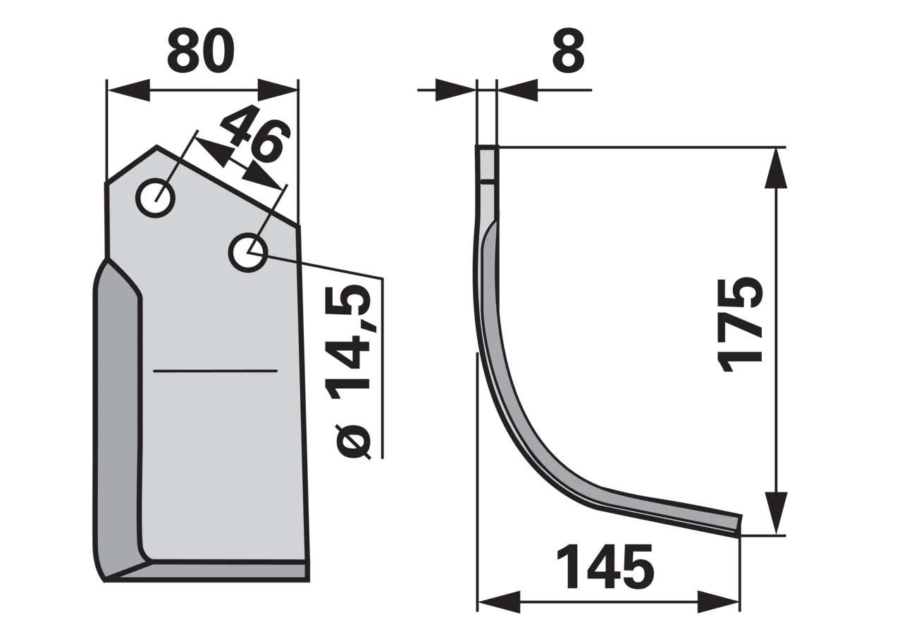 Winkelmesser rechts 80x8 Höhe 175 mm Arbeitsbreite 145 mm Lochabstand 46 mm GartenShop24 - Hochwertige Gartengeräte