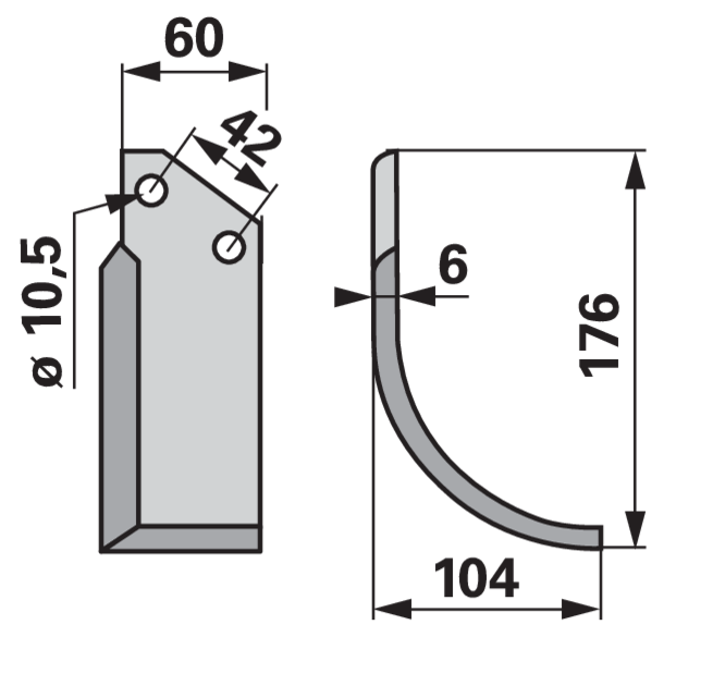 Bogenmesser rechts 60x6 L=176 mm Arbeitsbreite 60 mm LAB=42 mm GartenShop24 - Hochwertige Gartengeräte