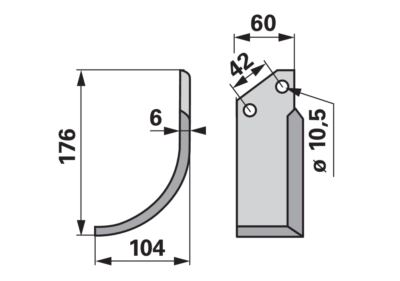 Bogenmesser links 60x6, Höhe 176 mm, Lochabstand 42 mm GartenShop24 - Hochwertige Gartengeräte