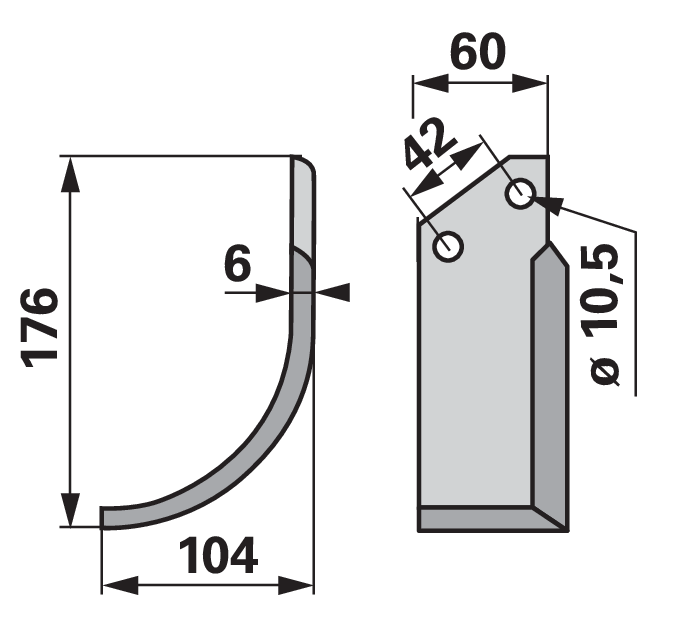 Bogenmesser links 60x6, Höhe 176 mm, Lochabstand 42 mm GartenShop24 - Hochwertige Gartengeräte