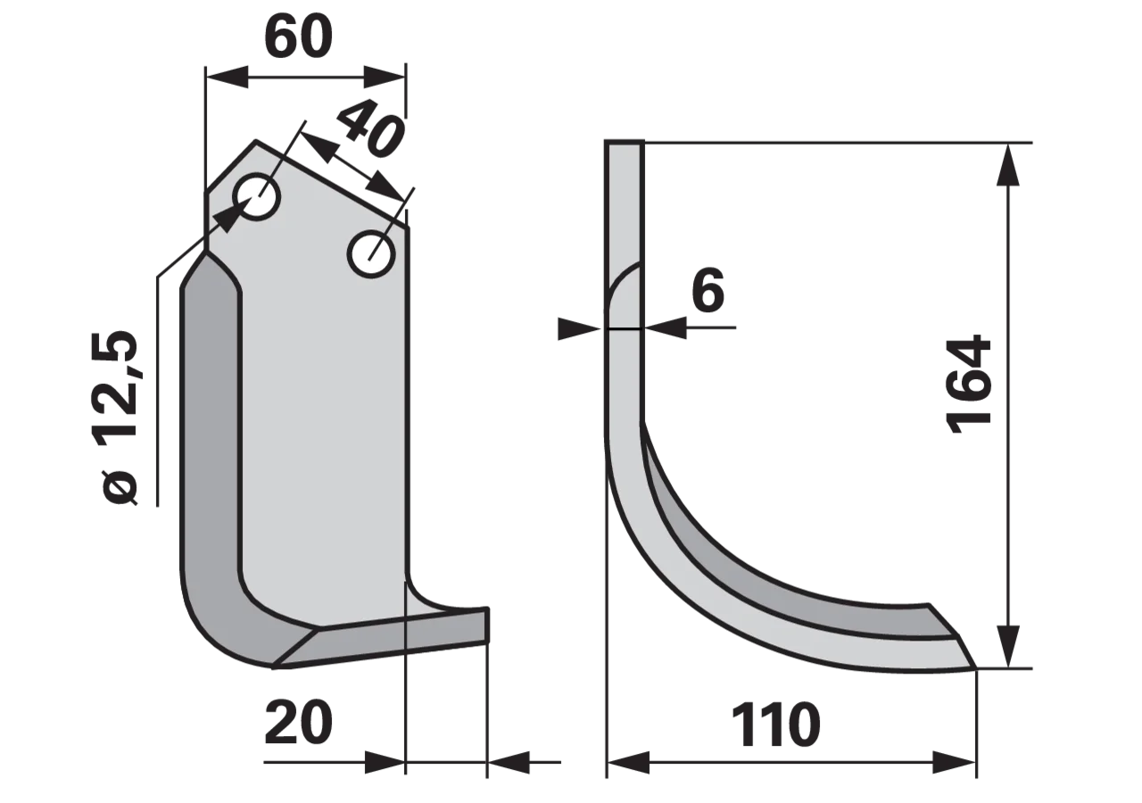 Bogenmesser rechts 60x6 L=164 Arbeitsbreite 110 mm für Bodenfräsen, Lochabstand 40 mm