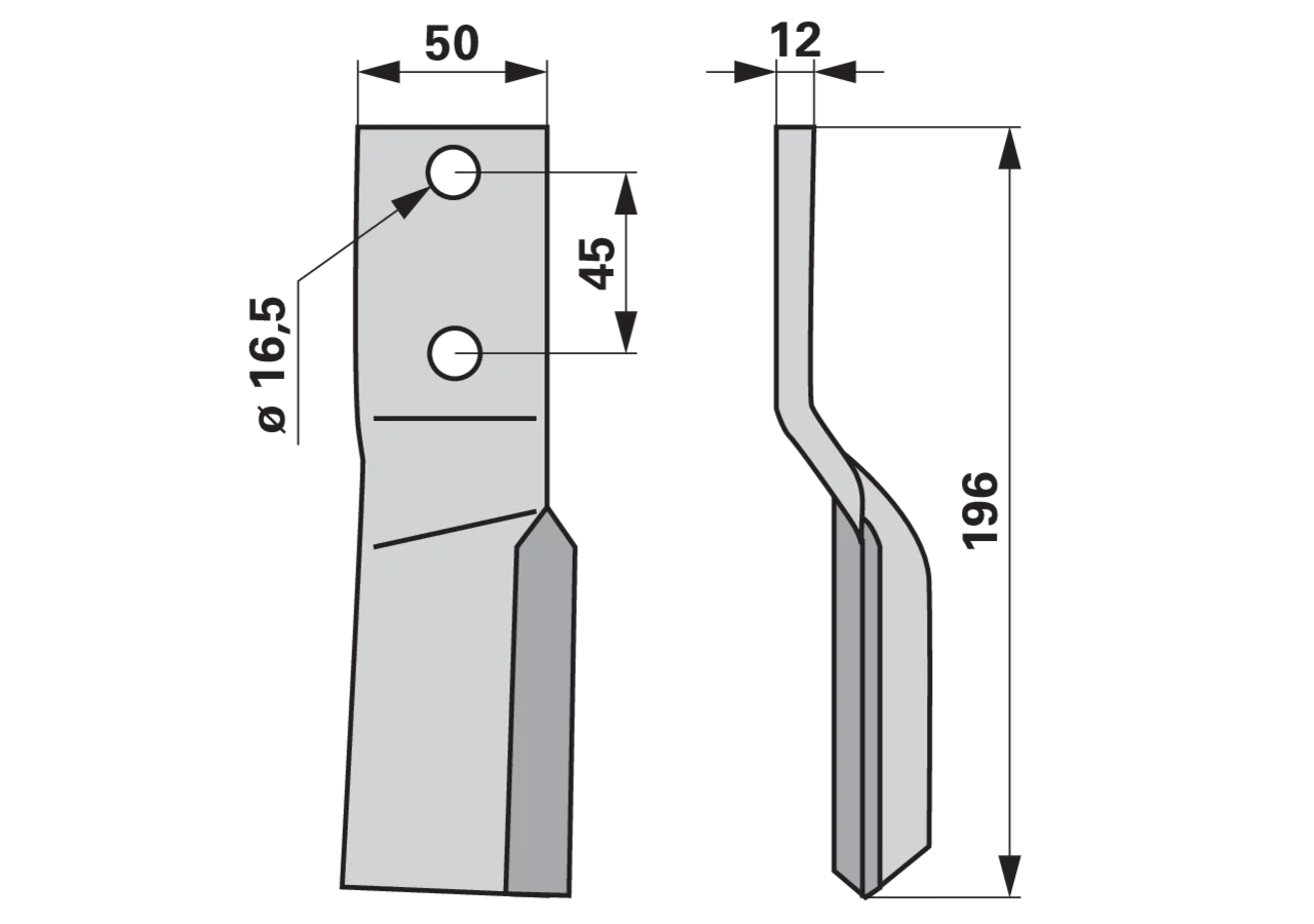 Fräsmesser rechts 50 x 12 mm, Höhe 196 mm, LAB 45 mm GartenShop24 - Hochwertige Gartengeräte
