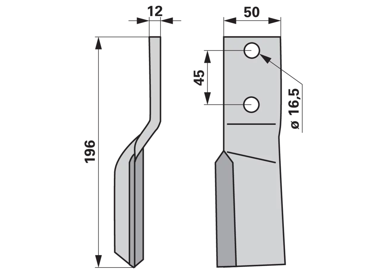 Fräsmesser links 50x12 mm Höhe 196 mm mit Lochabstand 45 mm für Bodenfräsen