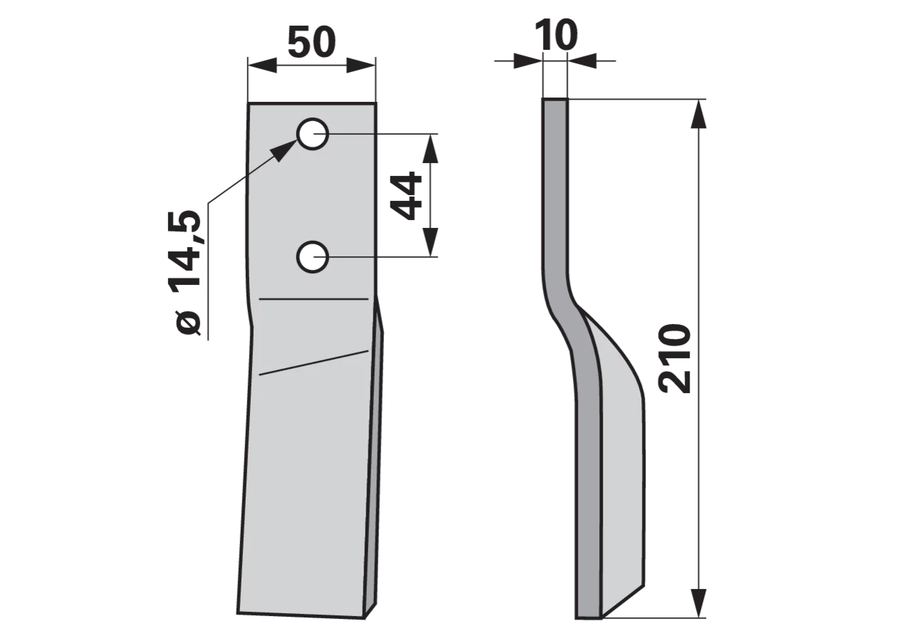 Fräsmesser rechts 50x10 Höhe 210 mm LA 44 für Bodenfräsen, Lochabstand 44 mm