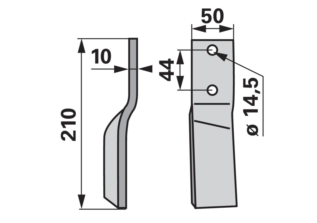 Fräsmesser links 50x10 L=210 mm LA=44 – Einzelstück für Bodenfräsen, Gesamthöhe 210 mm