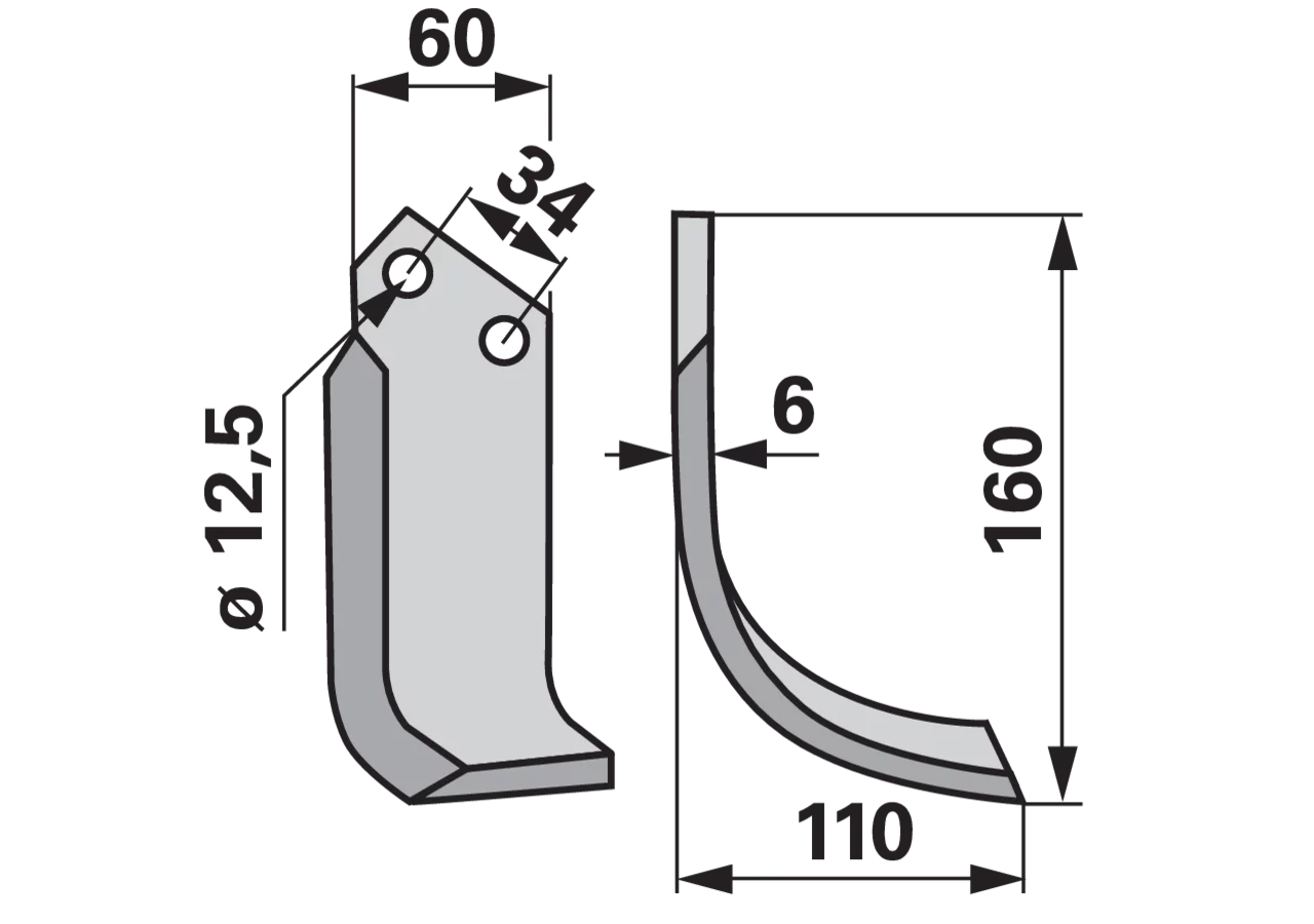 Bogenmesser rechts 60x6 L=160 mm Bodenfräsen, Arbeitsbreite 110 mm, LAB 34 mm