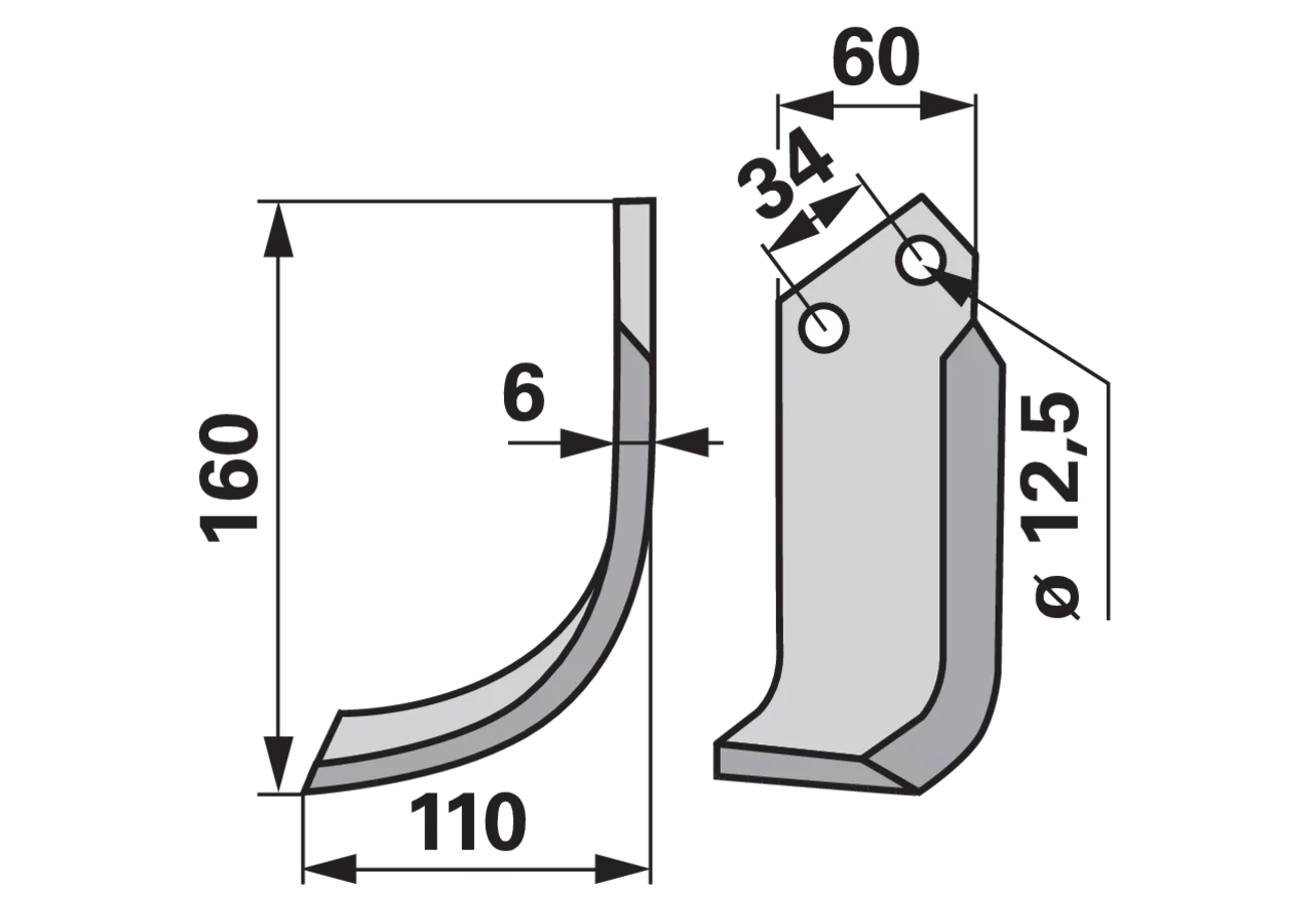 Bogenmesser links 60x6 Höhe 160 mm – Ersatzmesser für Bodenfräsen, Arbeitsbreite 110 mm