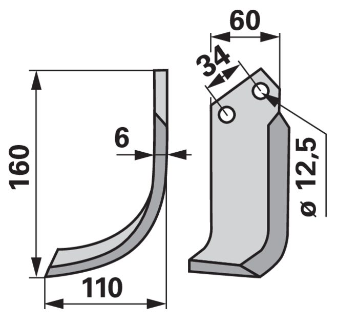 Bogenmesser links 60x6 Detailansicht: Lochabstand 34 mm, Lochdurchmesser 12,5 mm, Stärke 6 mm