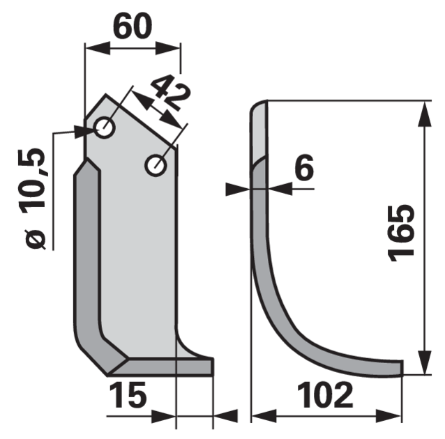 Bogenmesser rechts 60x6 L=165 mm Arbeitsbreite 60 mm LAB=42 mm GartenShop24 - Hochwertige Gartengeräte