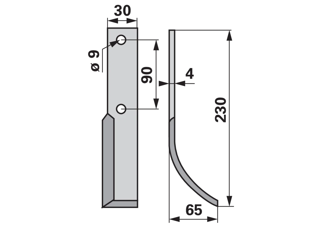 Bogenmesser rechts 230 mm Arbeitsbreite 65 mm – Ersatzmesser für Bodenfräsen