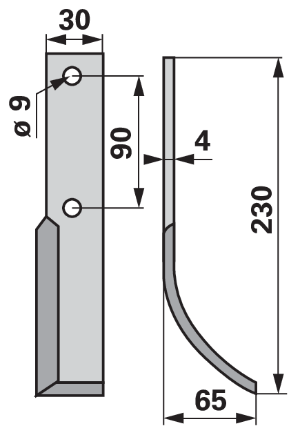 Bogenmesser rechts 230 mm – Detailansicht Lochabstand 90 mm und Lochdurchmesser 9 mm