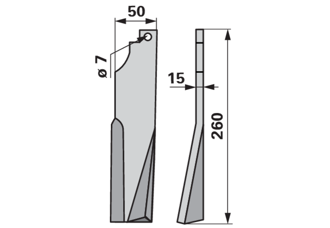 Detailansicht Fräsmesser rechts: Lochdurchmesser 7 mm, Stärke 15 mm, Länge 260 mm