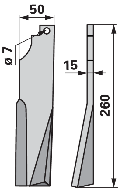Fräsmesser rechts 50x15 mm 260 mm – Seitenansicht mit Breitenangabe B2 80 mm