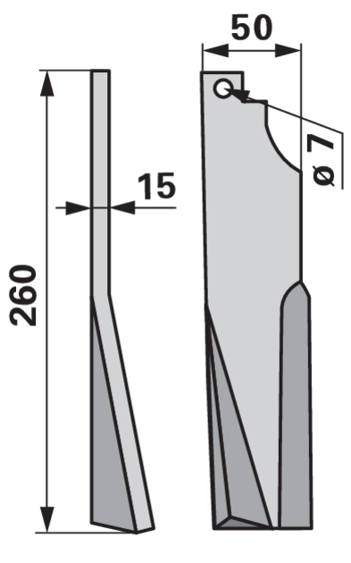 Detailansicht Fräsmesser links mit Lochdurchmesser 7 mm und Länge 260 mm