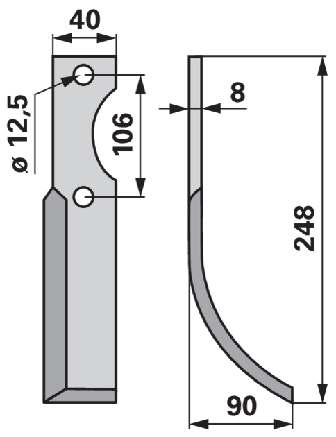 Bogenmesser rechts 40x8 L=248 mm Arbeitsbreite 90 mm LAB=106 mm GartenShop24 - Hochwertige Gartengeräte