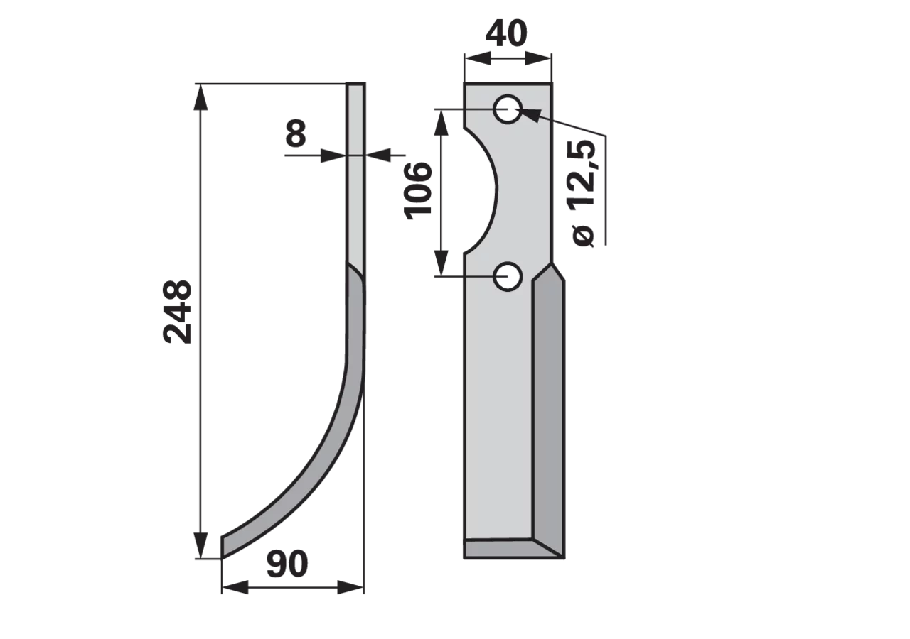 Bogenmesser links 40x8, Höhe 248 mm, Arbeitsbreite 90 mm, Lochabstand 106 mm GartenShop24 - Hochwertige Gartengeräte