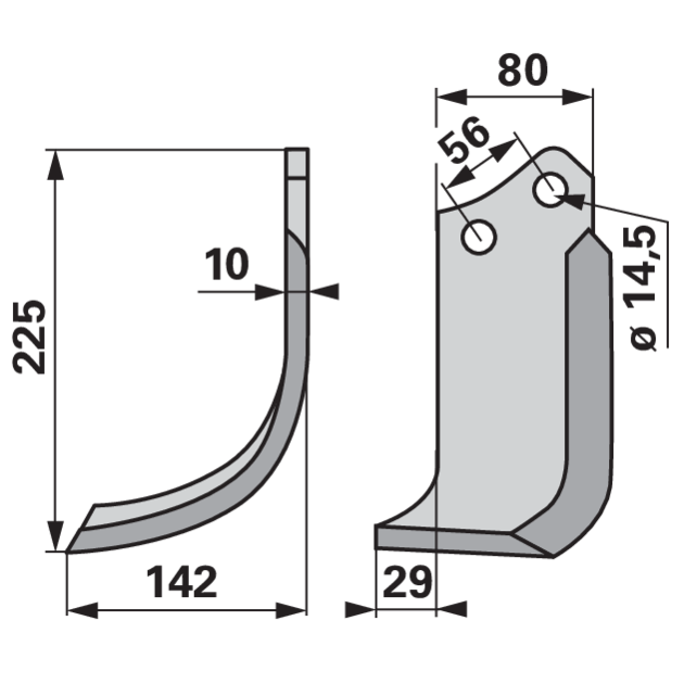 Bogenmesser links 80x10, L = 225 mm, Arbeitsbreite 142 mm, LAB 56 mm GartenShop24 - Hochwertige Gartengeräte