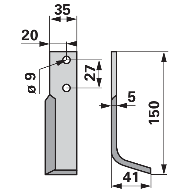 Fräsmesser rechts 150 mm Höhe, 5 mm Stärke, Lochdurchmesser 9 mm – Detailansicht