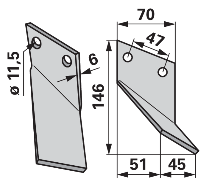 Fräsmesser rechts 70x6 L=146 mm LAB=47 mm GartenShop24 - Hochwertige Gartengeräte