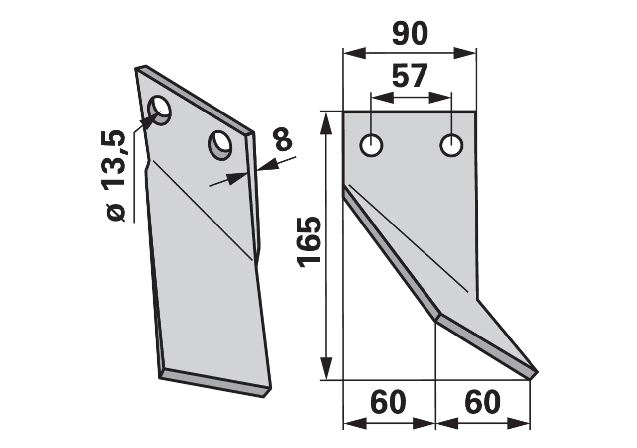 Fräsmesser rechts 90x8, Höhe 165 mm, Lochabstand 57 mm GartenShop24 - Hochwertige Gartengeräte
