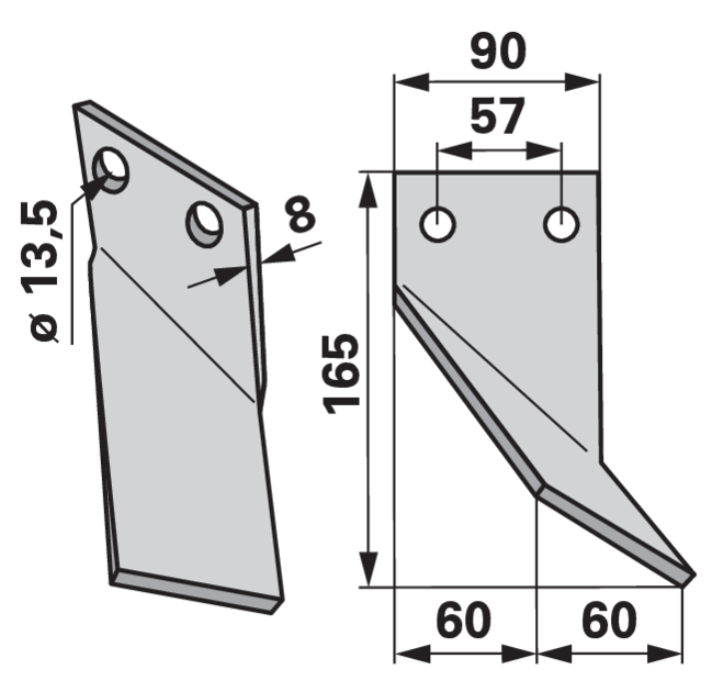 Fräsmesser rechts 90x8, Höhe 165 mm, Lochabstand 57 mm GartenShop24 - Hochwertige Gartengeräte