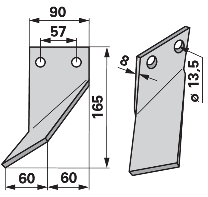 Fräsmesser links 90x8 L=165 mm LAB=57 mm GartenShop24 - Hochwertige Gartengeräte