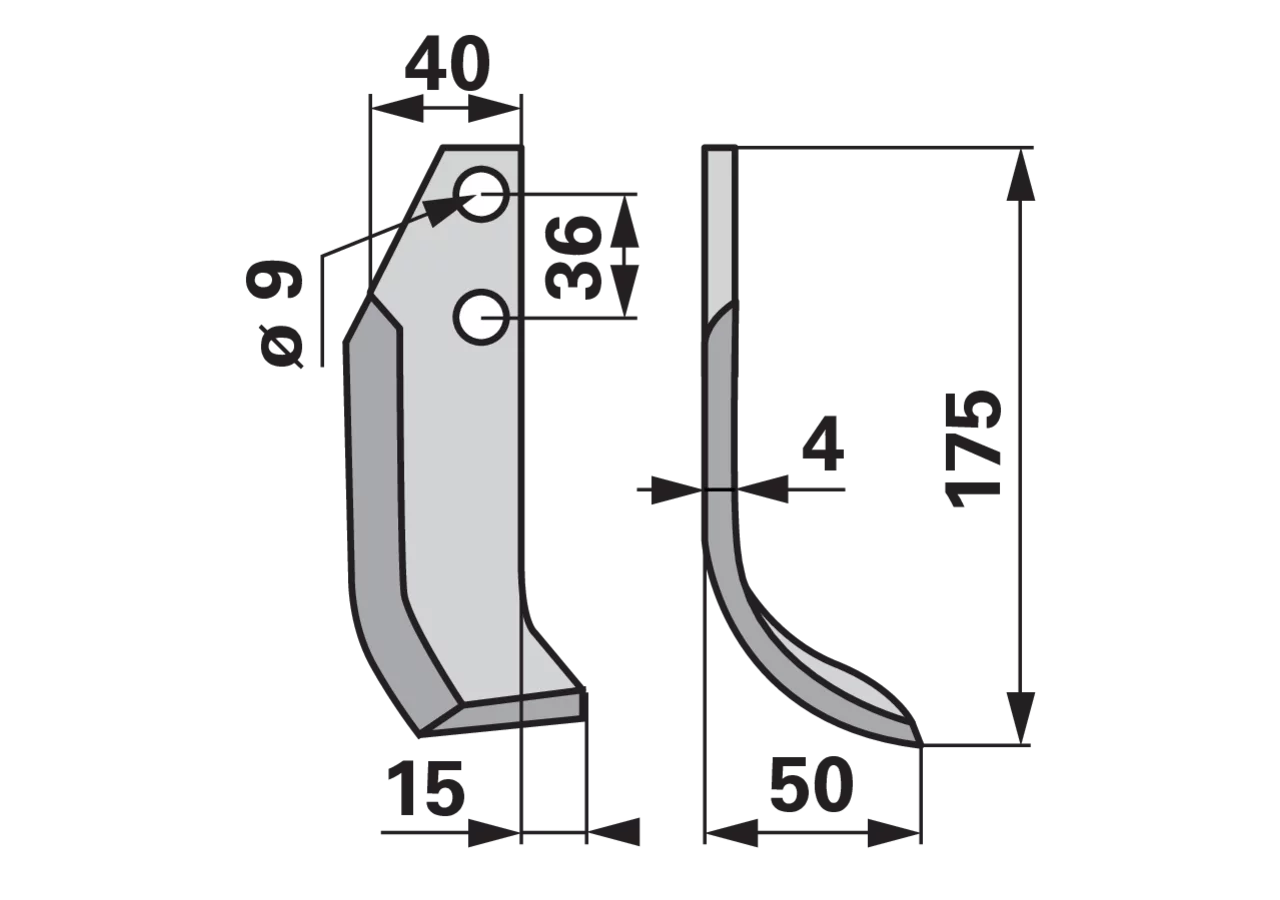 Bogenmesser rechts 40x4 – Höhe 175 mm, Arbeitsbreite 50 mm, Lochabstand 36 mm GartenShop24 - Hochwertige Gartengeräte
