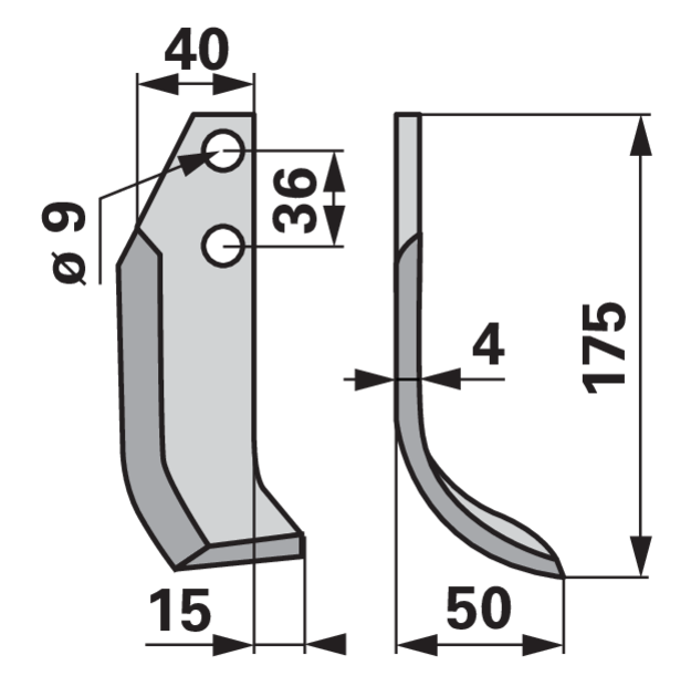 Bogenmesser rechts 40x4 – Höhe 175 mm, Arbeitsbreite 50 mm, Lochabstand 36 mm GartenShop24 - Hochwertige Gartengeräte
