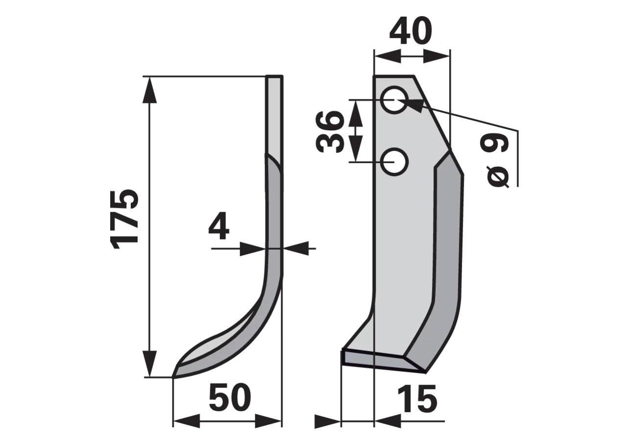 Bogenmesser links 40x4 mm Höhe 175 mm – Ersatzmesser für Bodenfräsen, Arbeitsbreite 50 mm