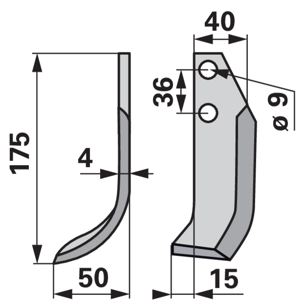 Bogenmesser links 40x4 mm Höhe 175 mm – Detailansicht Lochabstand 36 mm und Lochdurchmesser 9 mm