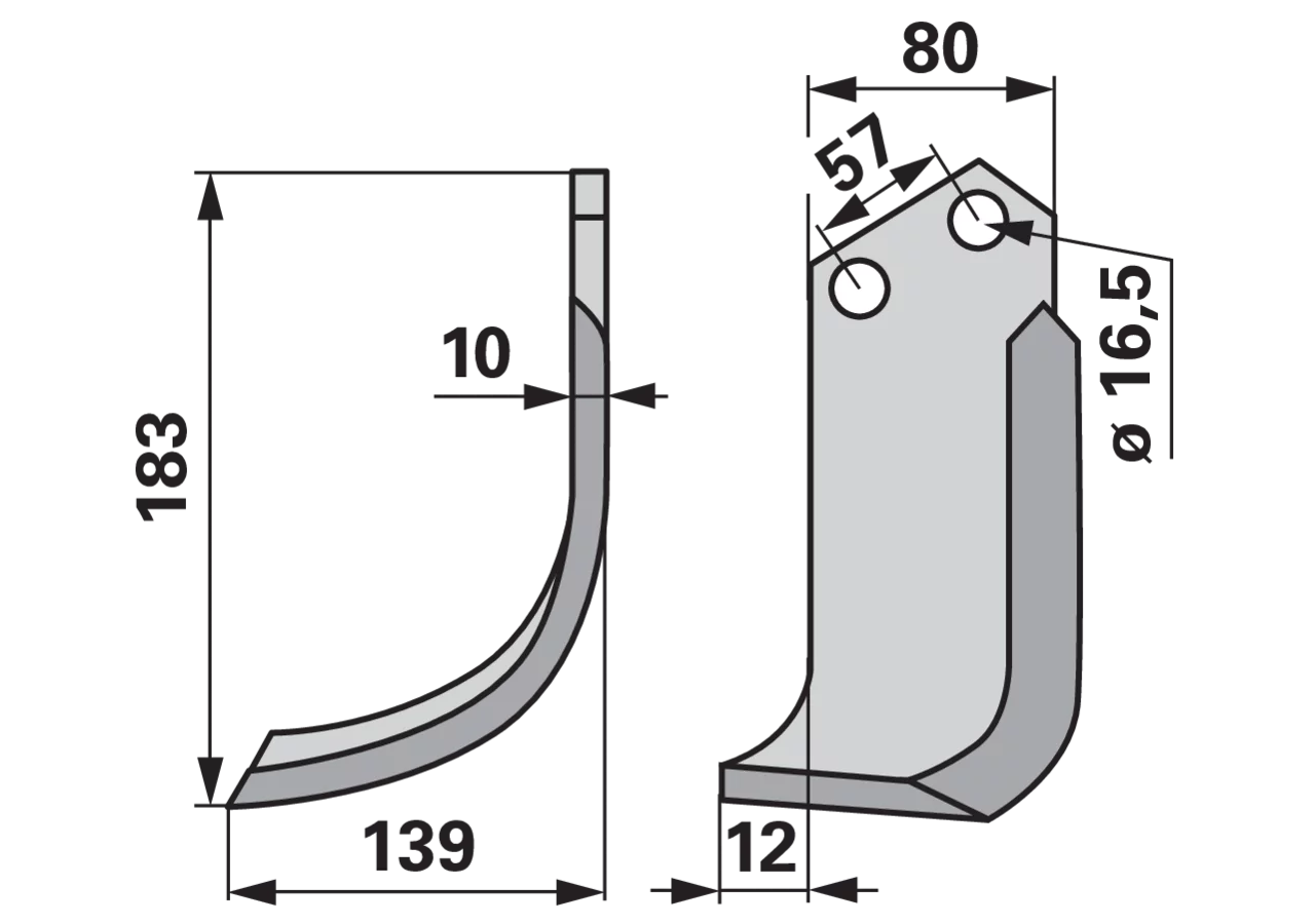 Bogenmesser links 80x10, Höhe 183 mm, Arbeitsbreite 139 mm, Lochabstand 57 mm GartenShop24 - Hochwertige Gartengeräte