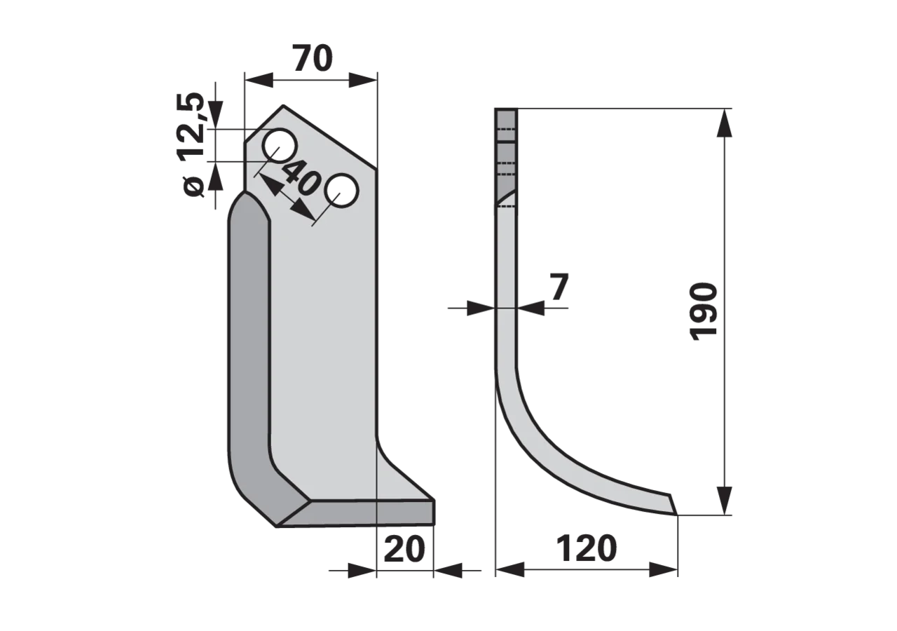 Bogenmesser rechts 70x7 L=190 mm Arbeitsbreite 120 mm LA=40 mm GartenShop24 - Hochwertige Gartengeräte