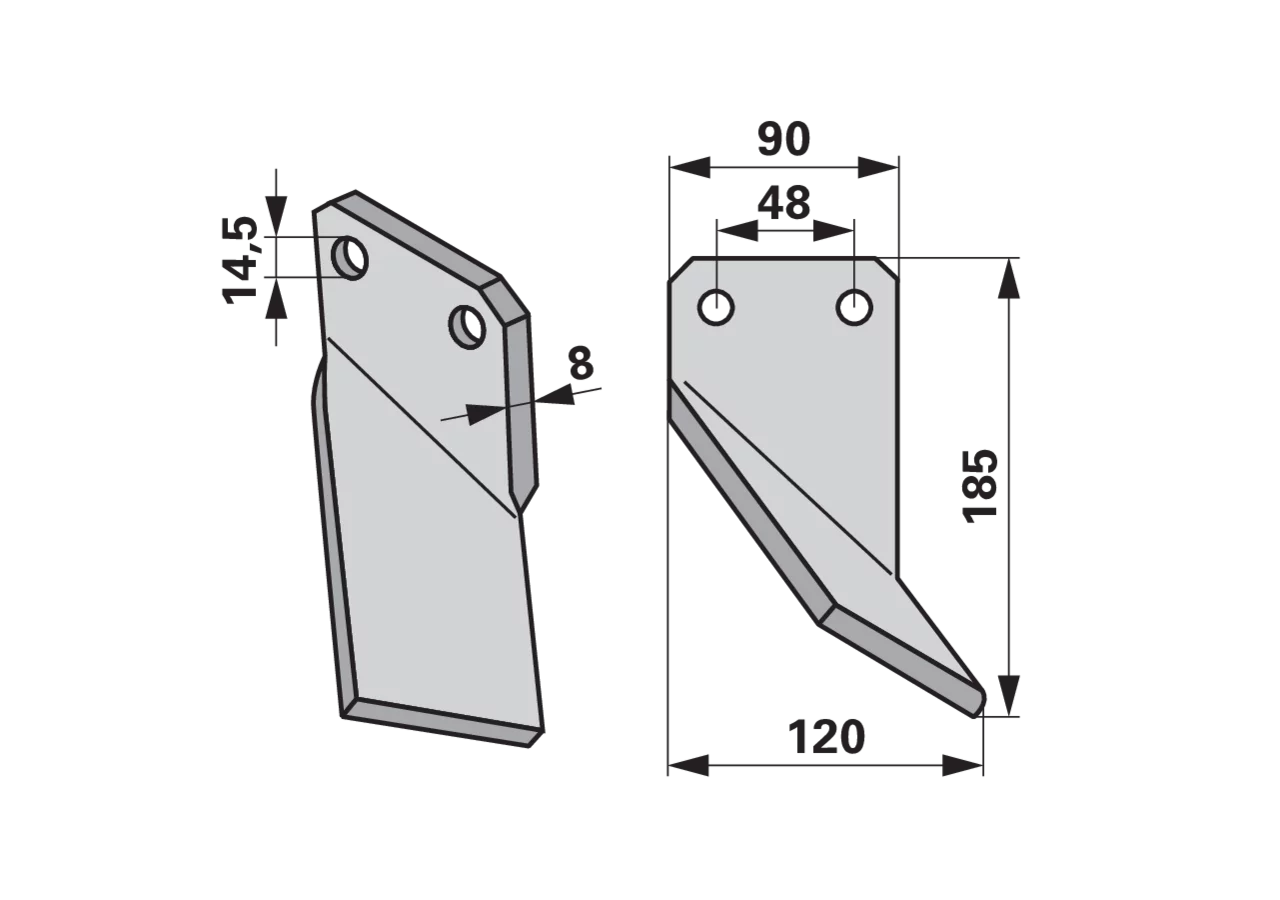 Fräsmesser rechts 90x8 L=185 mm Arbeitsbreite 135 mm LAB=48 mm GartenShop24 - Hochwertige Gartengeräte