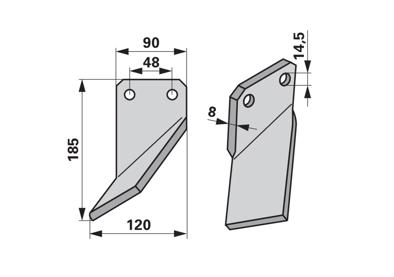Fräsmesser links 90x8 Höhe 185 mm Arbeitsbreite 135 mm Lochabstand 48 mm GartenShop24 - Hochwertige Gartengeräte