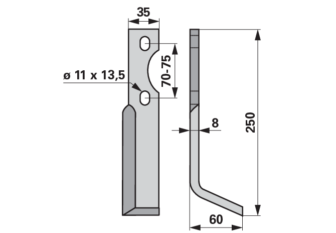 Fräsmesser rechts mit Langloch 11x13,5 mm und Lochabstand 70 mm für Bodenfräsen