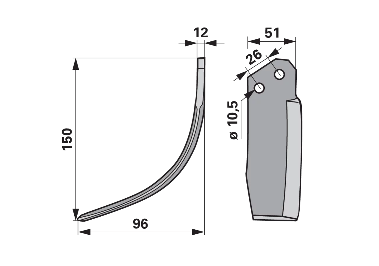 Bogenmesser links Ferrari 496366 50 mm – Ersatzteil für Bodenfräsen, Höhe 142 mm