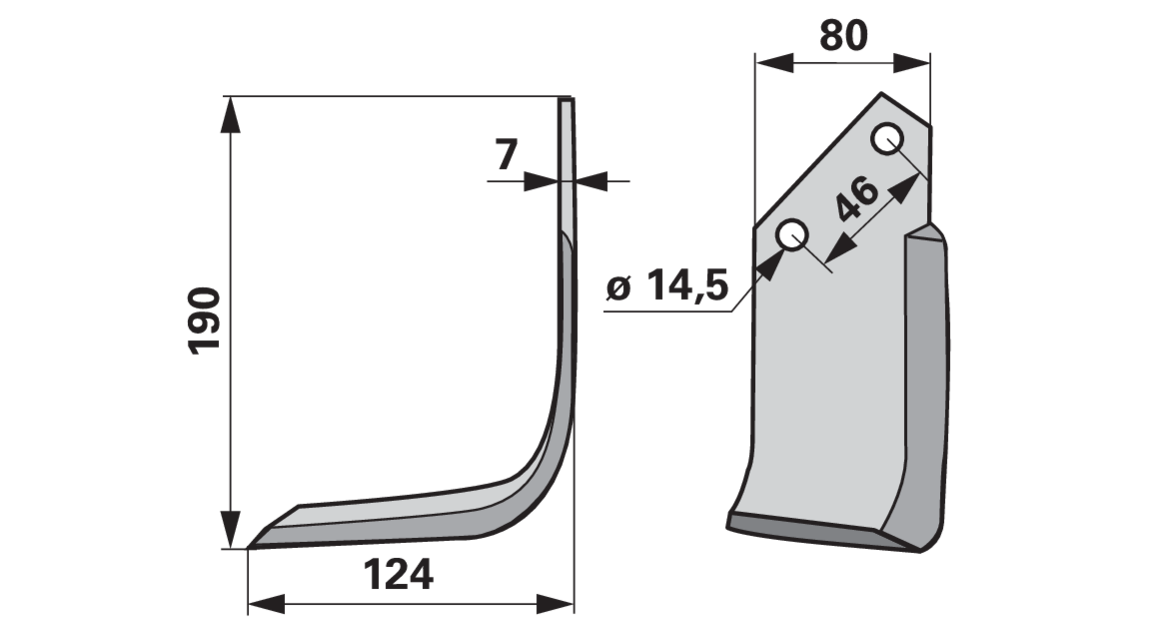 Bogenmesser links F3156110 – Detailansicht Lochabstand 46 mm und Innendurchmesser 14,5 mm