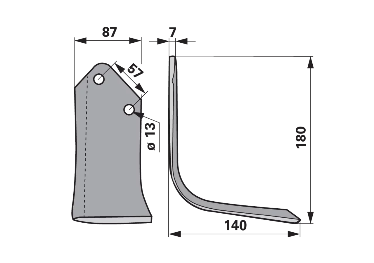 Bogenmesser rechts Ersatz Huard 226096 – 185 mm Höhe, 7 mm Stärke, Lochabstand 57 mm
