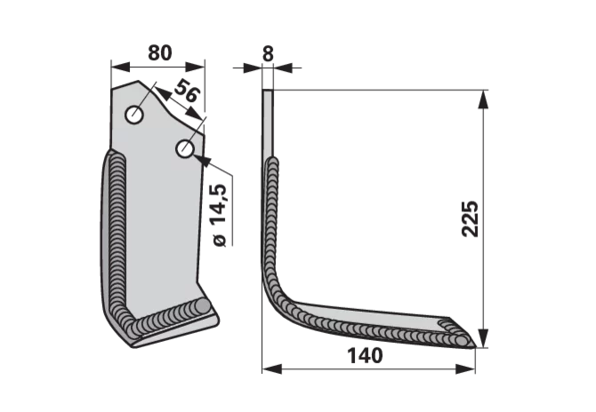 Bogenmesser rechts Hartmetall Maschio M01110426 – Maßansicht 80×140 mm