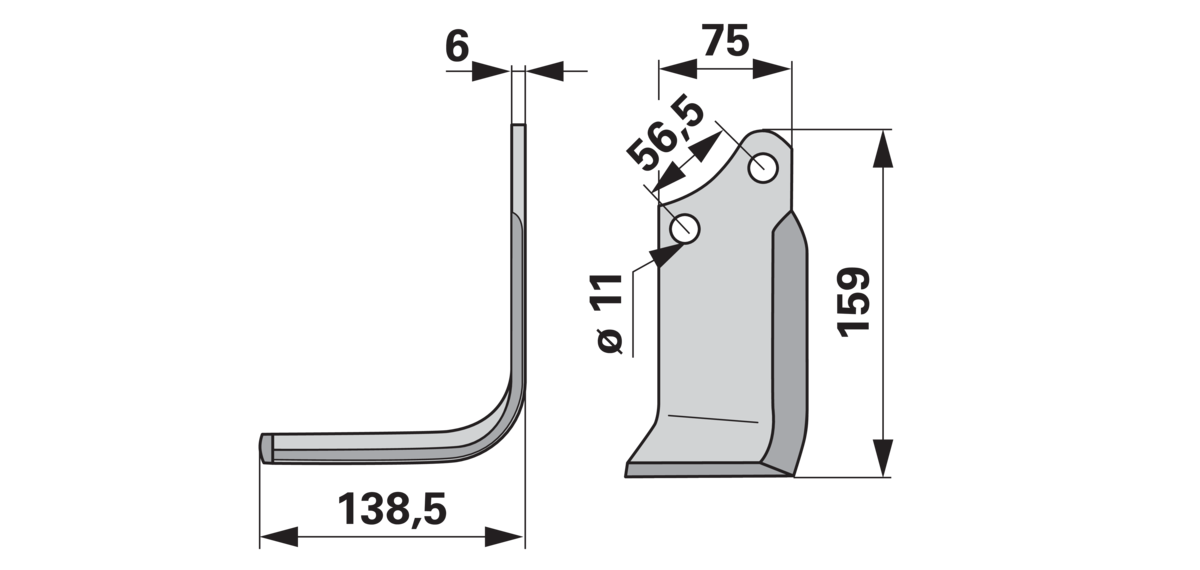 Winkelmesser links 75x138,5 mm – Detailansicht Bohrung 11 mm und Lochabstand 56,5 mm