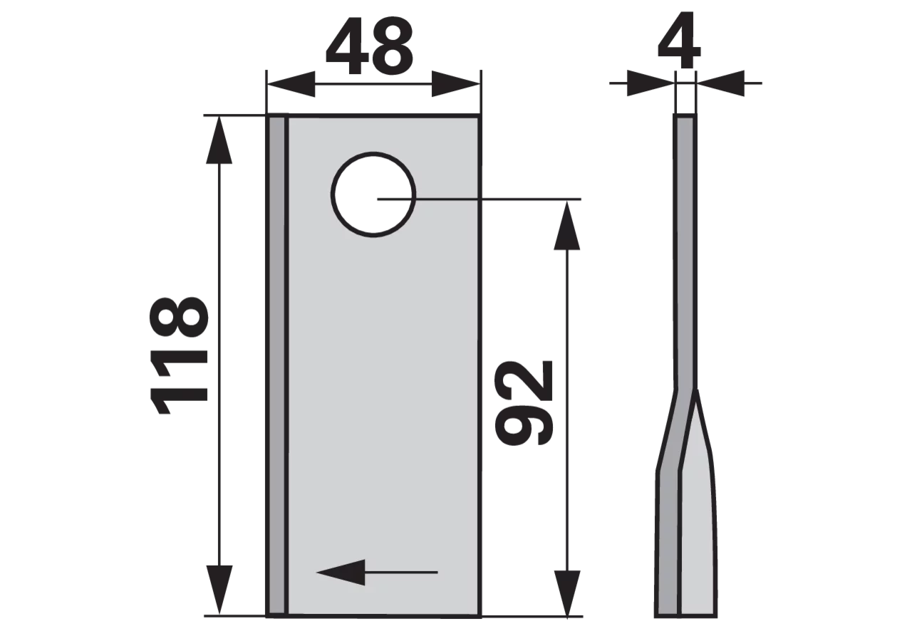 Kreiselmäherklinge rechts, L 118 x B 48 x S 4 mm, d 19 mm, 25 Stück radura