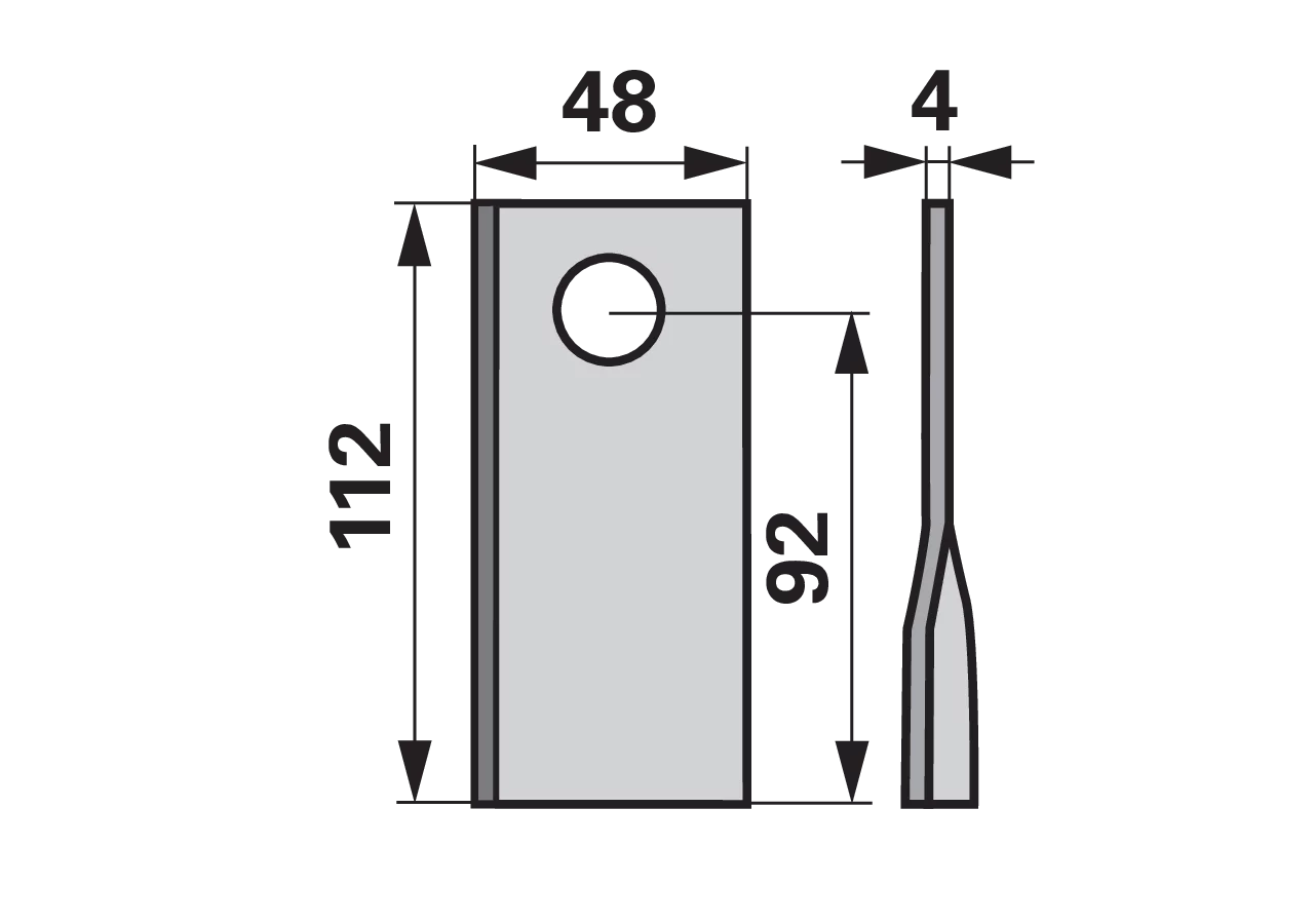 Kreiselmäherklinge rechts, L 112 x B 48 x S 4 mm, d 19 mm, 25 Stück radura
