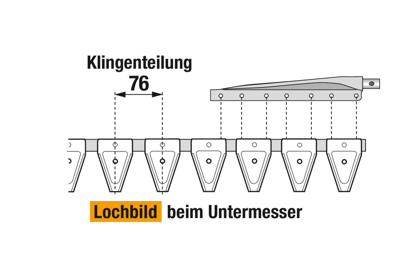 Untermesser L 225 cm, mit Messerkopf, rechts, 31 Klingen, T76, glatt ESM 2655410 ESM