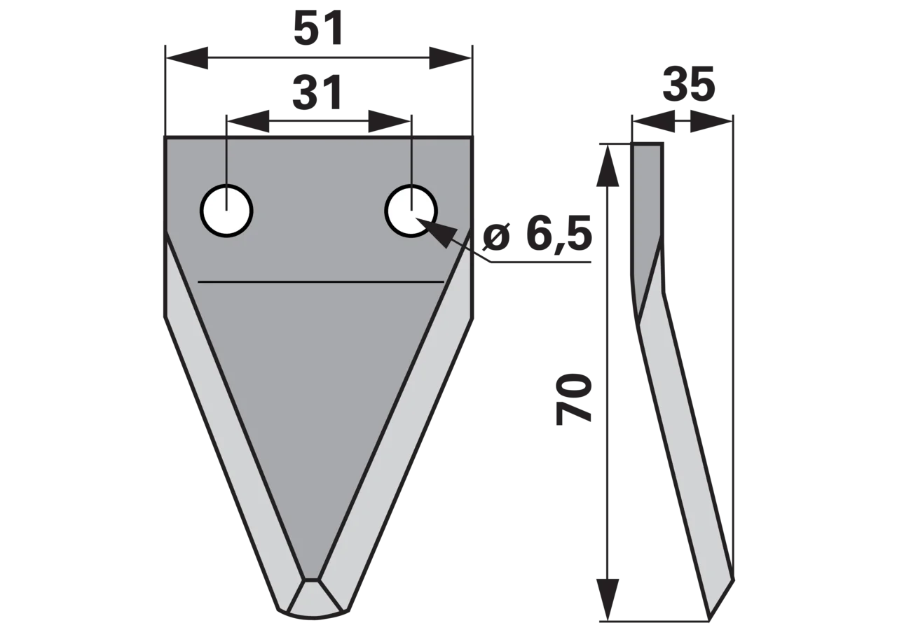 Fräsmesser L 70 x B 51 x S 2,5 mm, glatt, abgewinkelt passend zu Sgariboldi GartenShop24